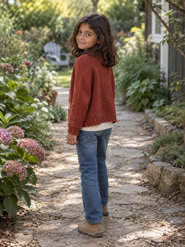 Reference photo of a girl in a rust cardigan in a garden