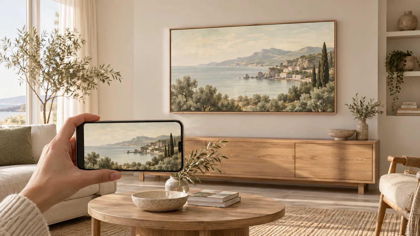 A phone and a framed television displaying the same coastal artwork in a warm living room