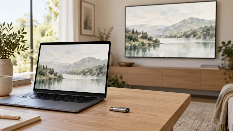 A USB flash drive beside a laptop showing landscape artwork, with a framed television in the background