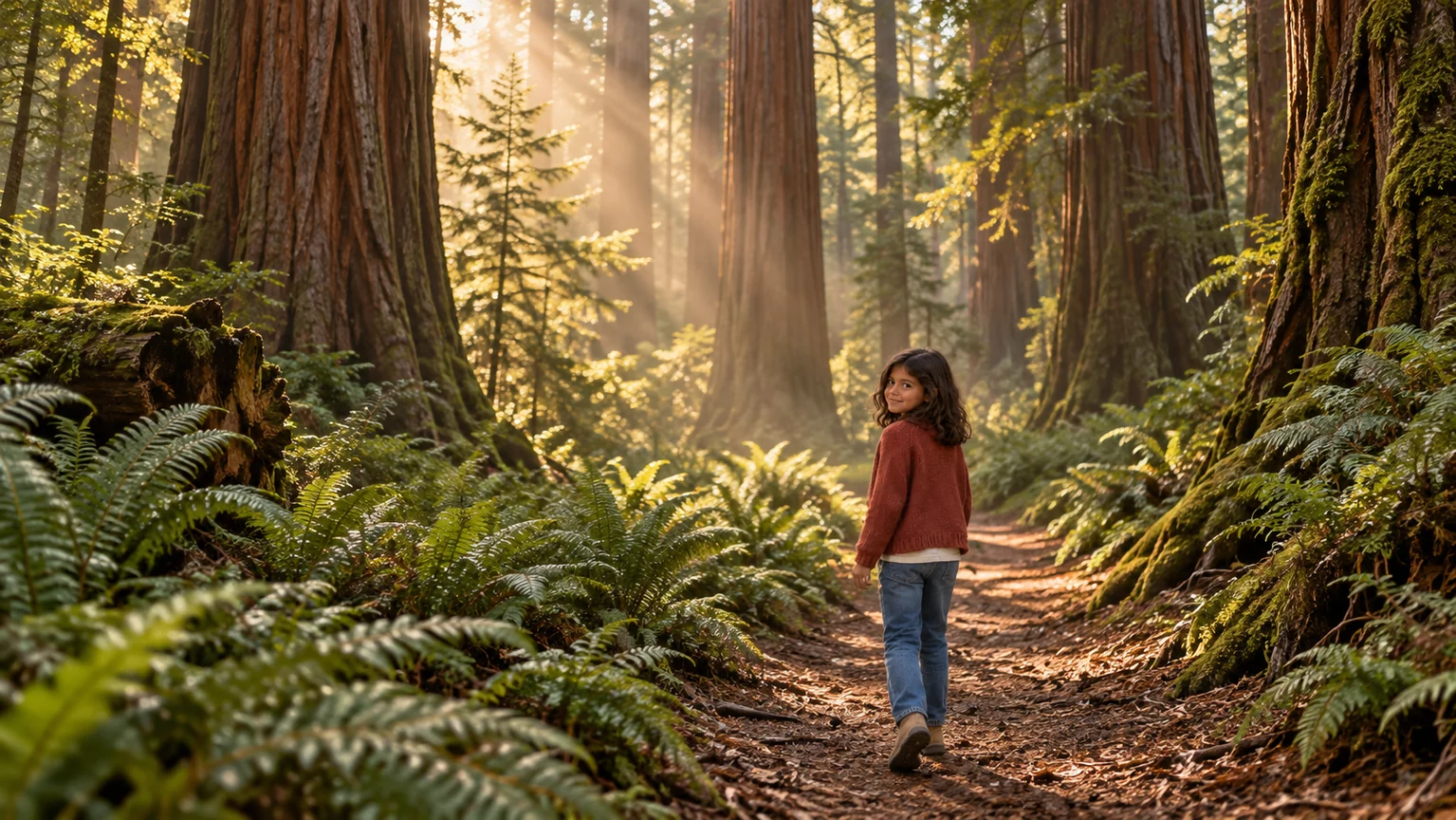 The girl from the reference photo, reimagined walking through a sunlit redwood forest