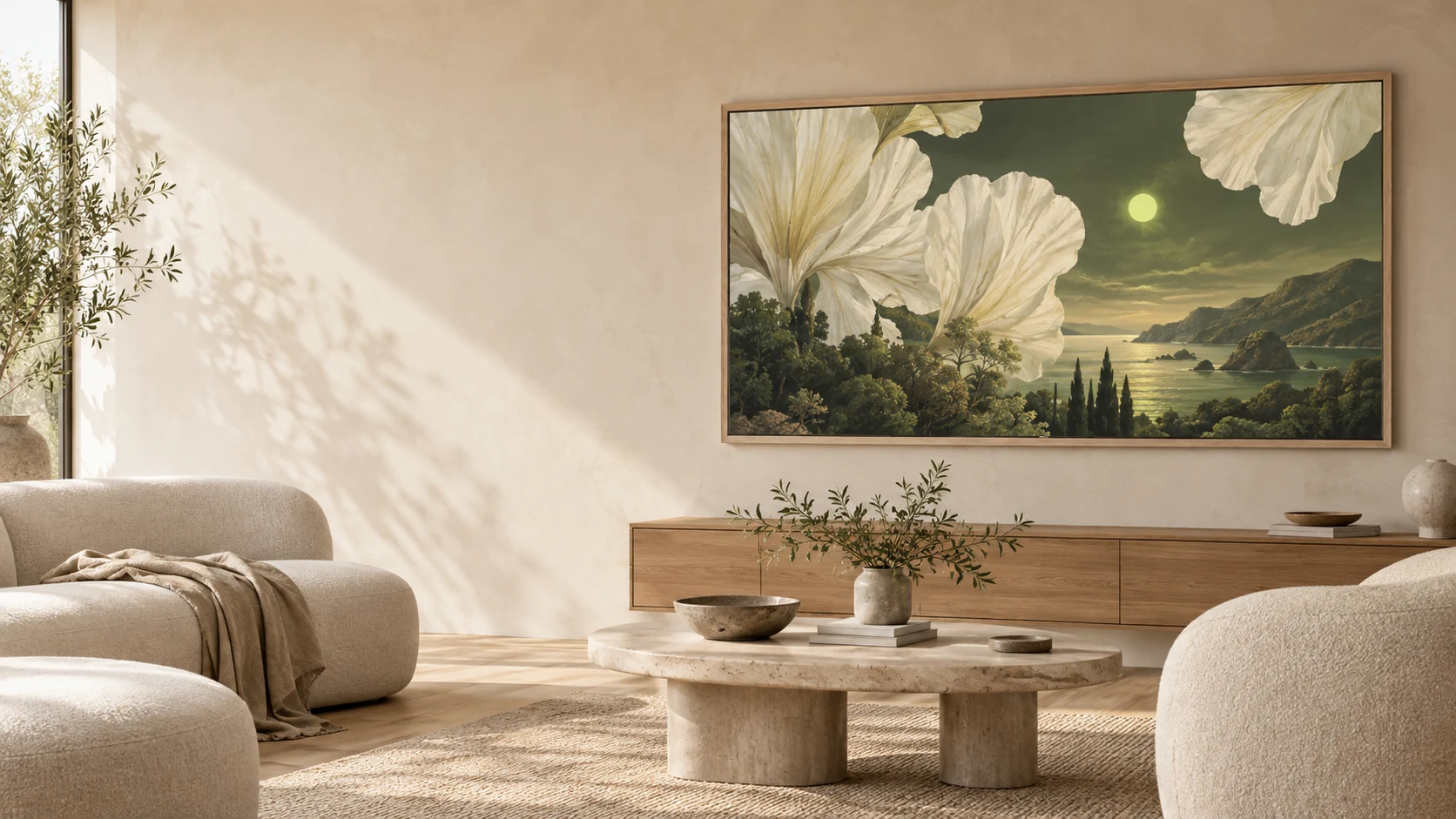 A sunlit designer living room with AI botanical artwork displayed on an oak-framed TV